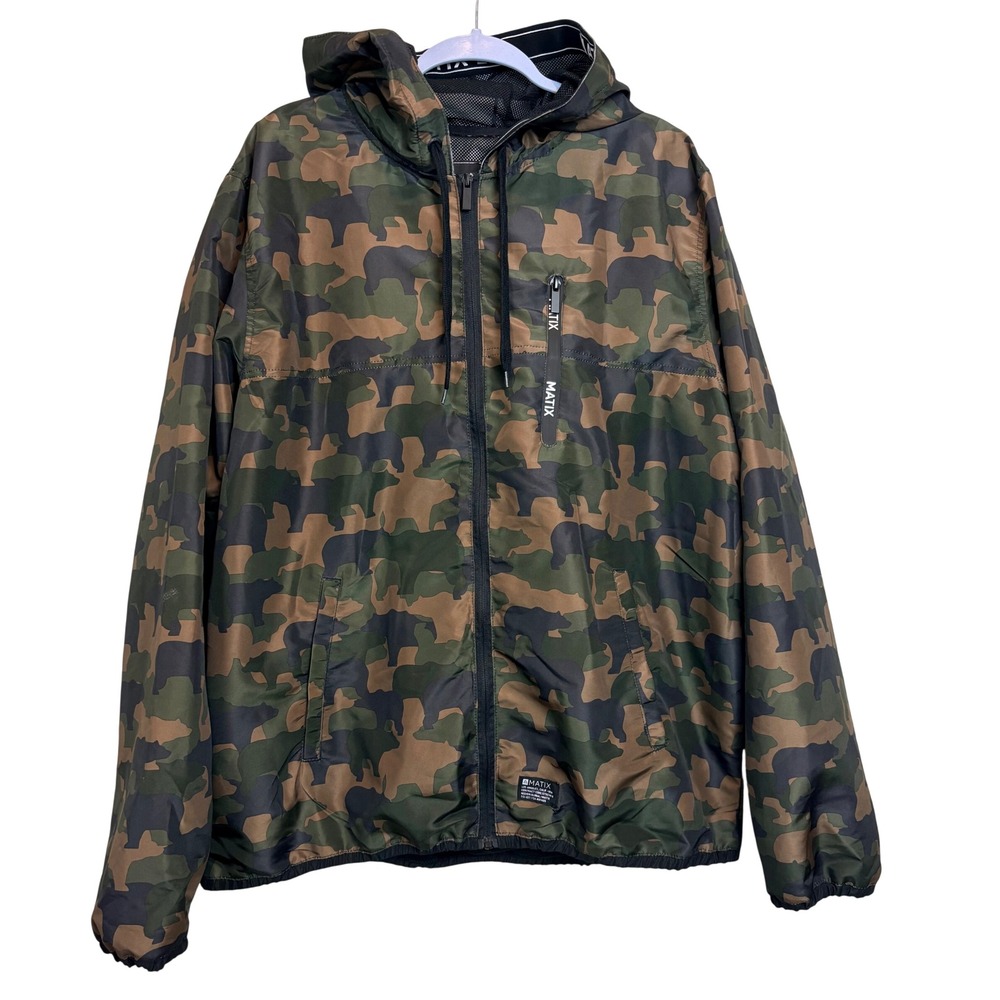 Matix Mens XXL Camo Windbreaker Jacket Hooded Full Zip Mesh Lined Lt Olive NEW